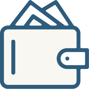 Icon of a closed wallet with a strap and a mountain with snow in the background.