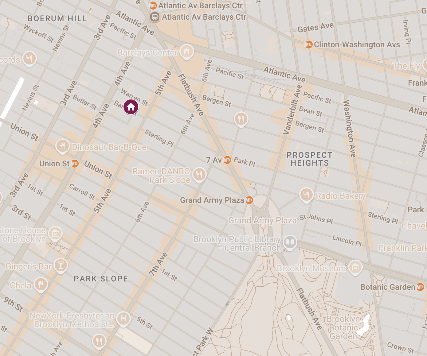 Map of Brooklyn, New York, showing streets, subway stations, and landmarks.