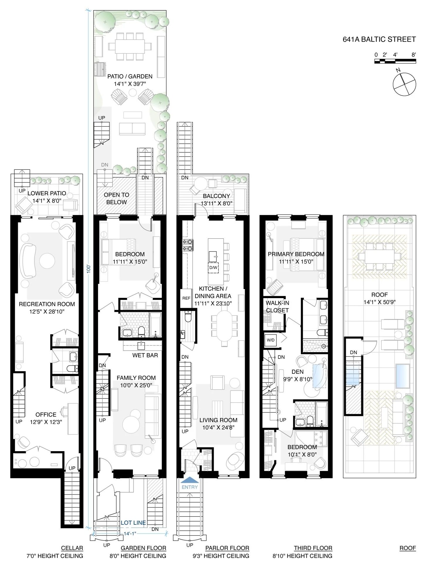 Floor plan of a multi-story residential building with multiple rooms, outdoor patios, a balcony, a roof deck, and landscaped gardens.