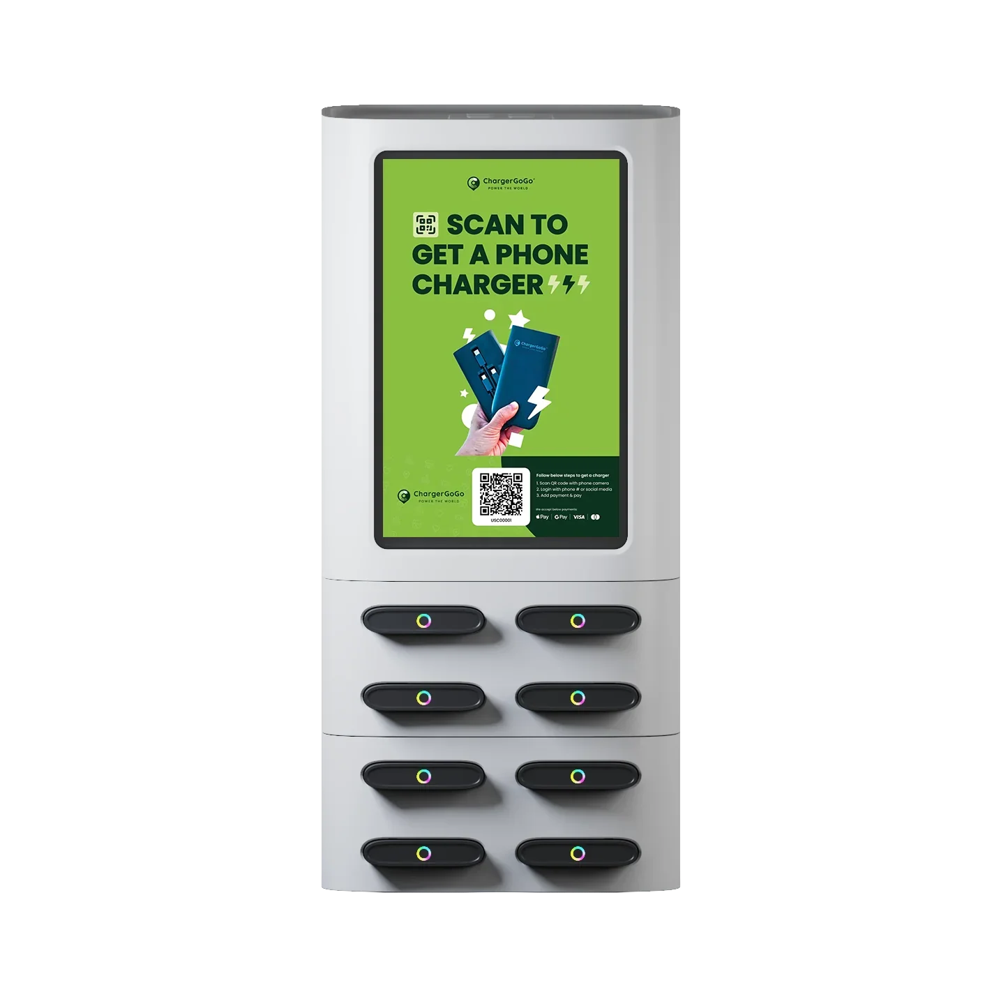 Phone charging stations dispenses portable chargers. Has USB-Type C, Micro-USB, (iPhone) Lightning Connector.