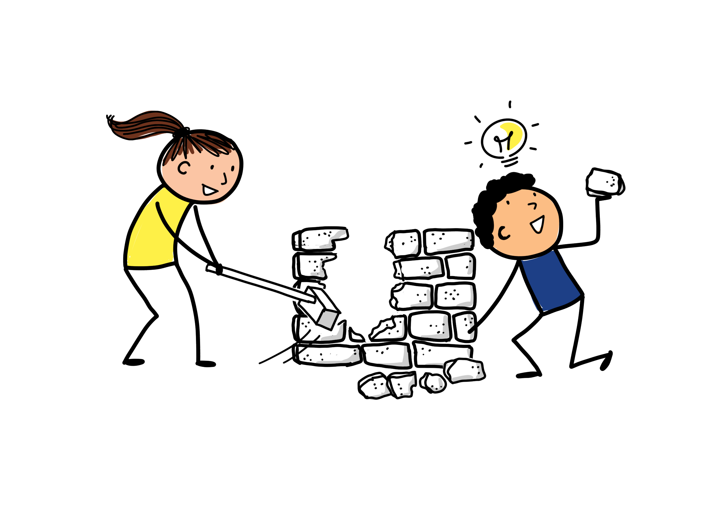 Two loose, expressive doodle figures disassembling a crumbling brick wall — one poking loose bricks with a stick, the other beaming with a glowing lightbulb overhead (representing an idea). Each is making room for what's next.