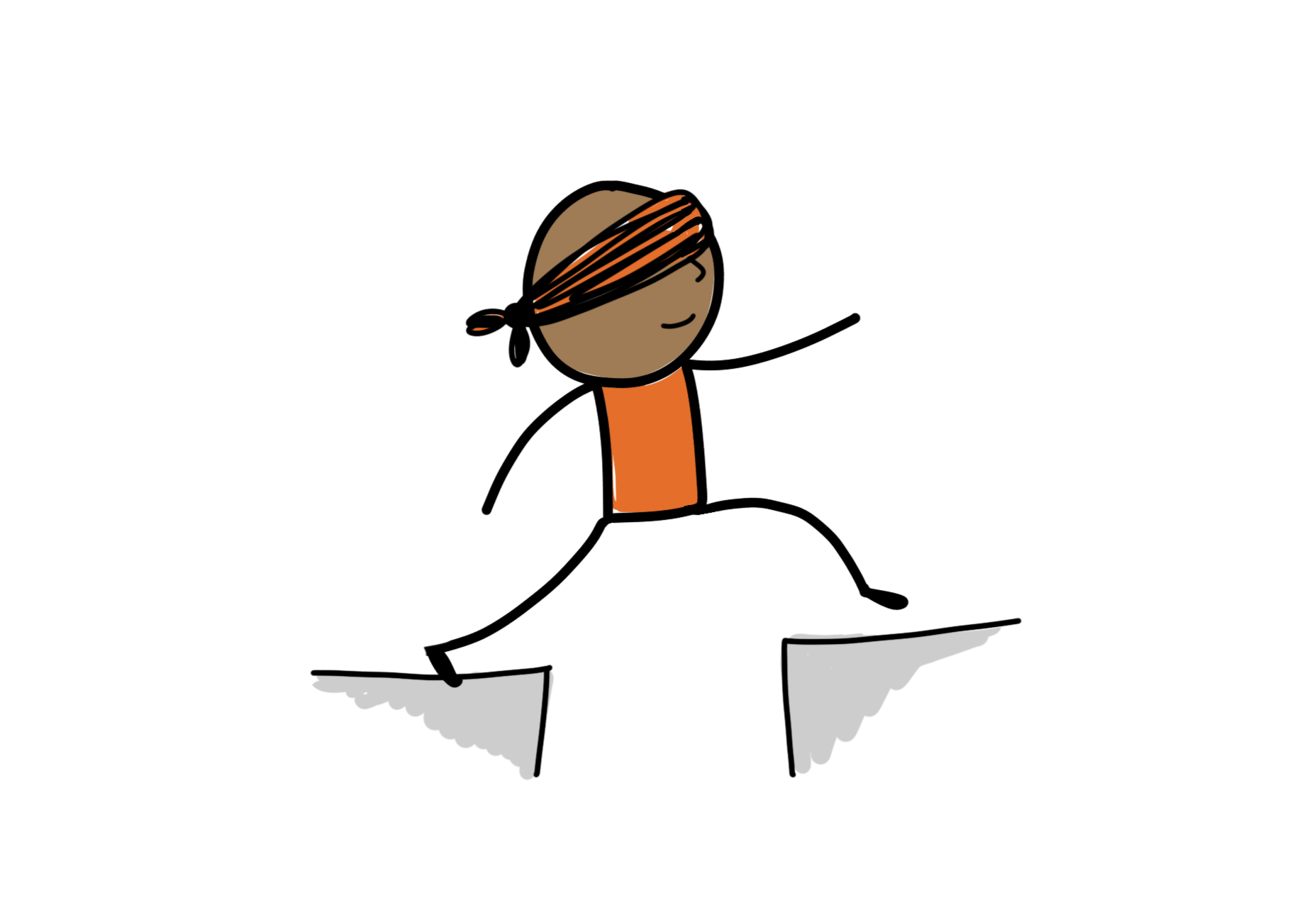 A simple cartoon figure, blindfolded yet confidently straddling the gap between two separate platforms. Stepping forward on faith, before the path is visible.