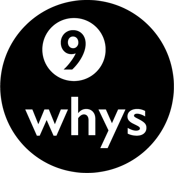 9 Whys icon: bold black circle with the number 9 and the word 'whys', representing deep questioning to uncover purpose
