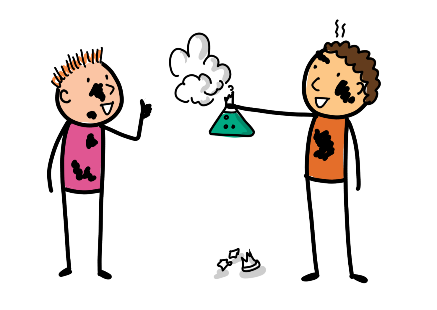 Two hand-drawn doodle figures, splattered and grinning, flanking a smoking, exploded experiment — delighted rather than defeated, embodying the spirit of learning joyfully from what just went wrong.