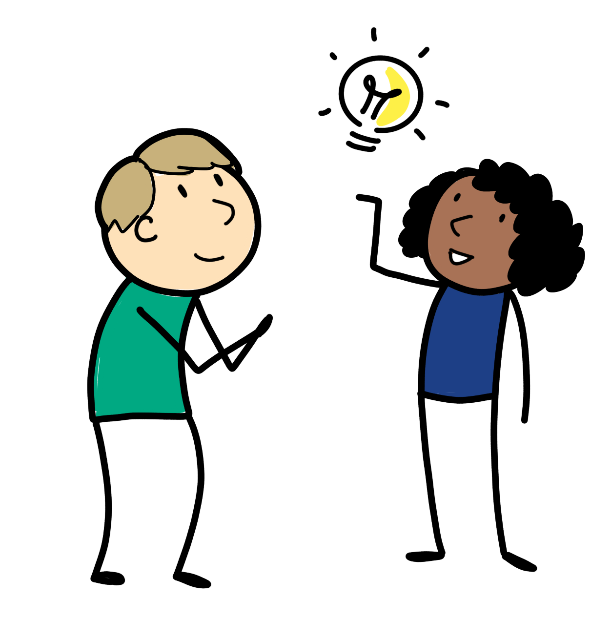 Two sketched doodle figures facing each other in conversation, one gesturing attentively while a glowing lightbulb floats above the other — honoring the idea that everyone holds a spark worth hearing.