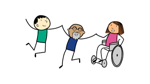 Three whimsical, hand-drawn figures: a smiling person in green, a bearded elder in blue with round glasses, and a cheerful person in pink using a wheelchair — everyone included.
