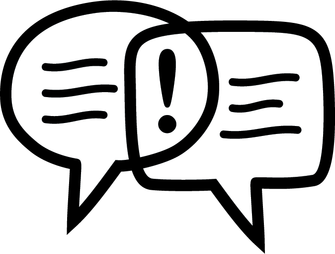 Appreciative Interviews icon: two overlapping speech bubbles with an exclamation point at the center, representing meaningful dialogue and shared discovery