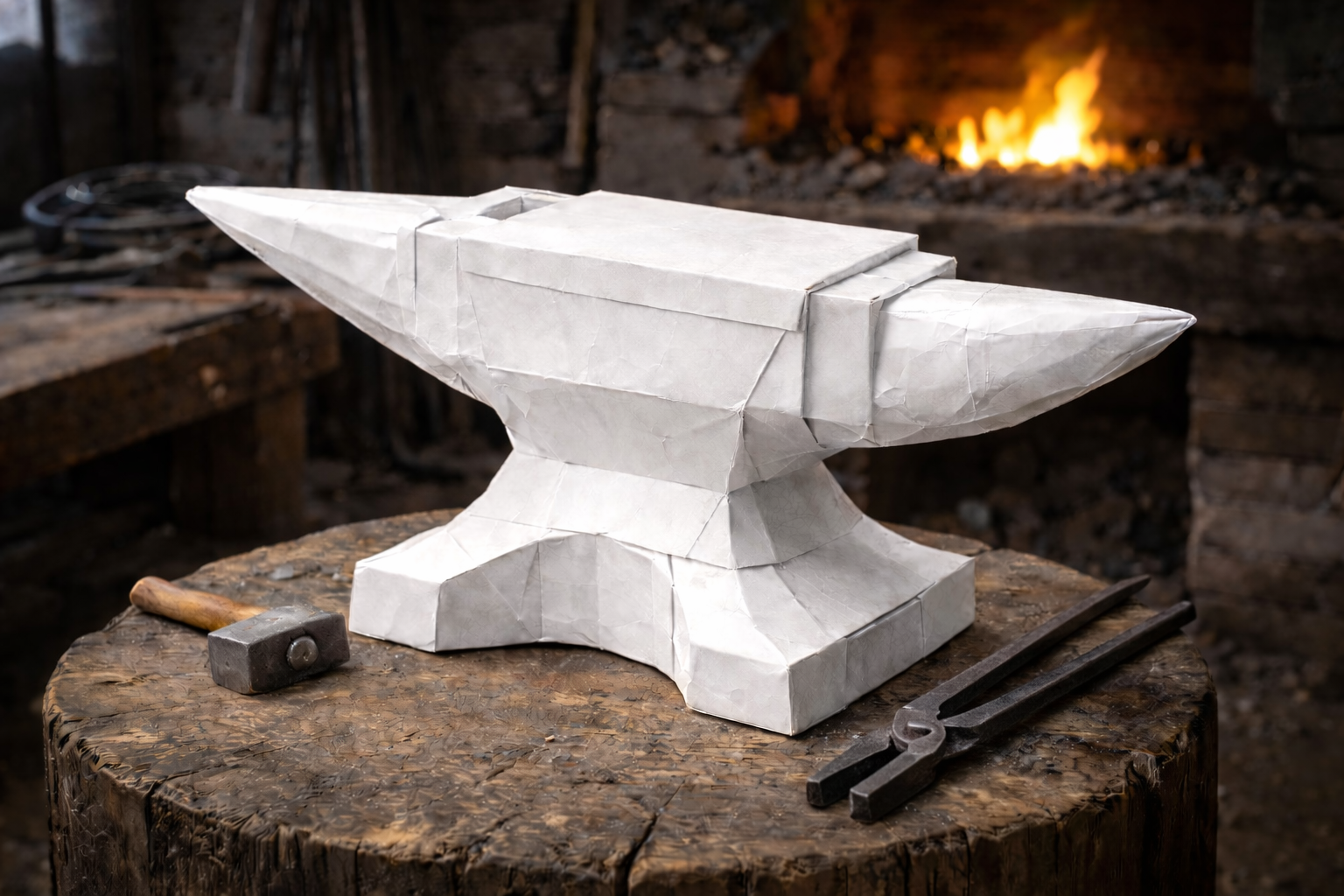A paper model of an anvil on a wooden workbench, with a hammer and metal tongs nearby in a blacksmith's workshop.