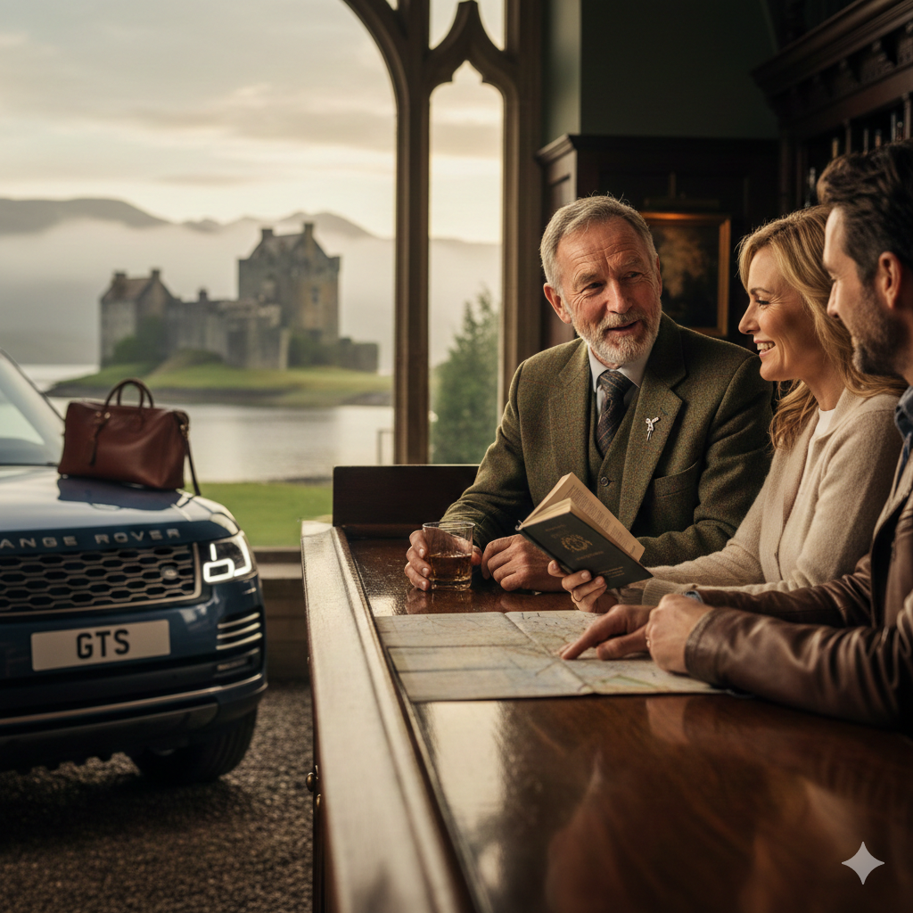 Three people sitting at a bar, talking and smiling, with a map on the table and a drink in hand, inside a room with a large window showing a luxury car, castle and a lake outside.