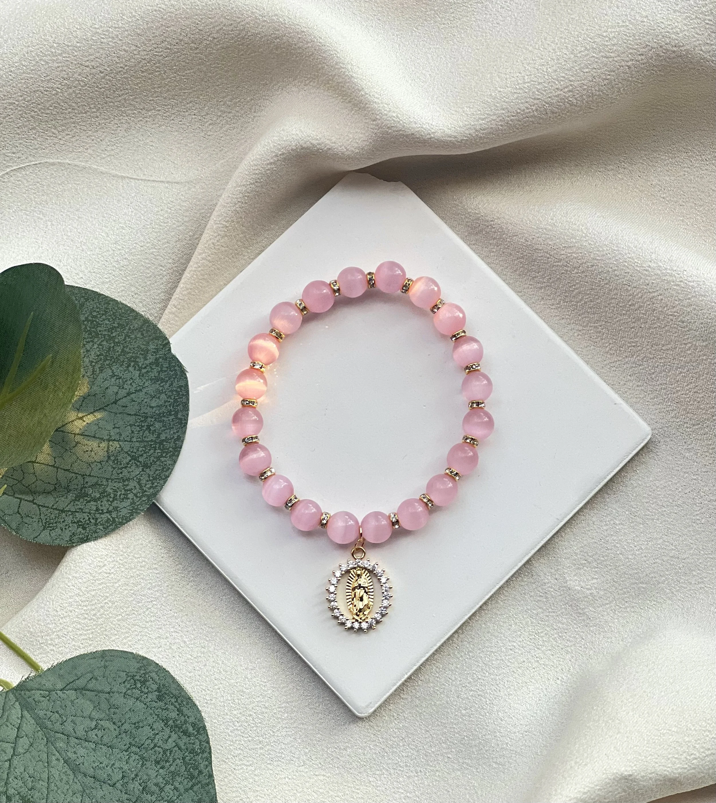 Virgencita Charm Bracelet - Pink Cats Eye