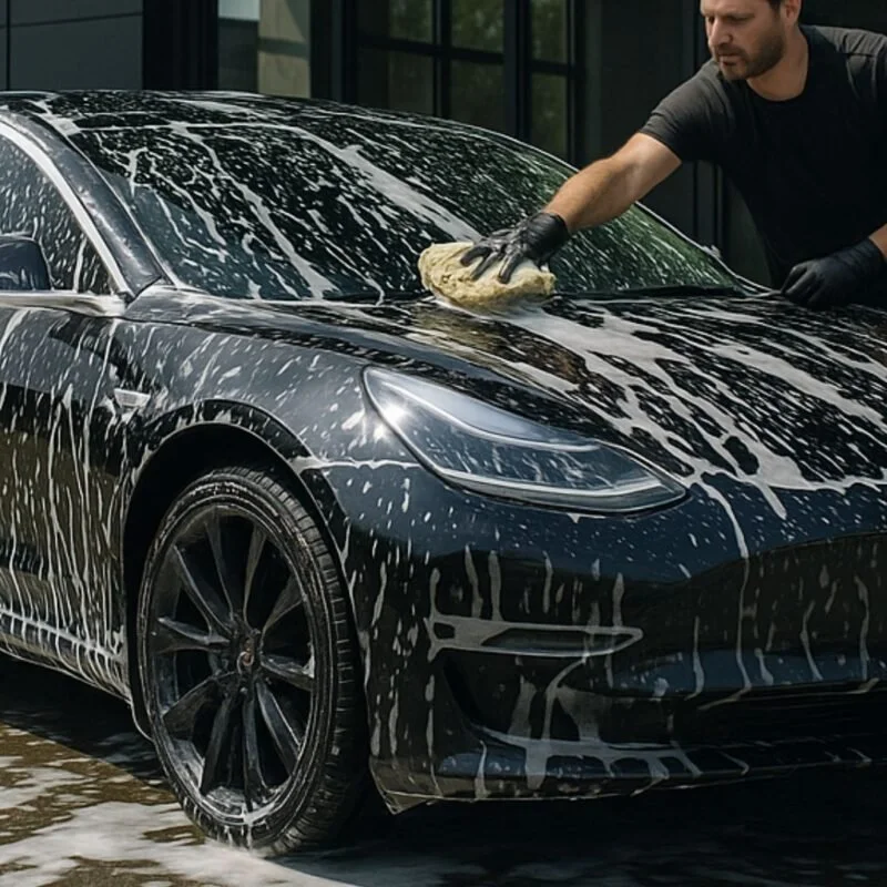 A man washing a black Tesla car with soap and a sponge outside.