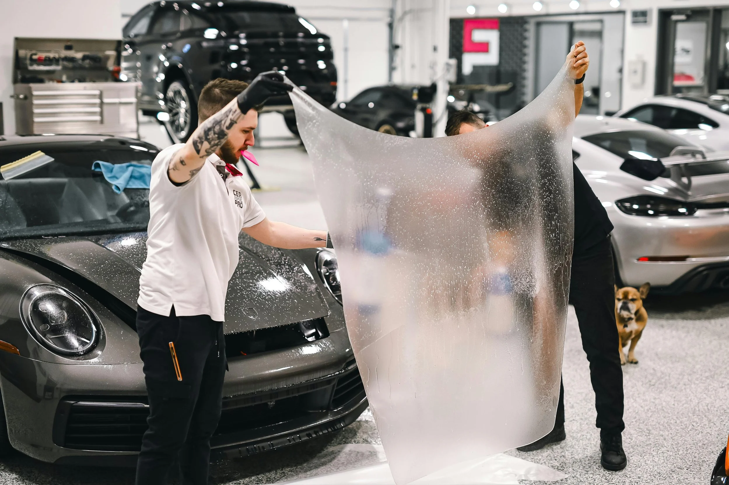 Two men working on a car in an indoor garage, with one holding a large sheet of clear vinyl or plastic, possibly for a car wrap or protective film, and the other preparing to apply it. Multiple cars are visible in the background, along with tools and equipment, and a dog watching nearby.