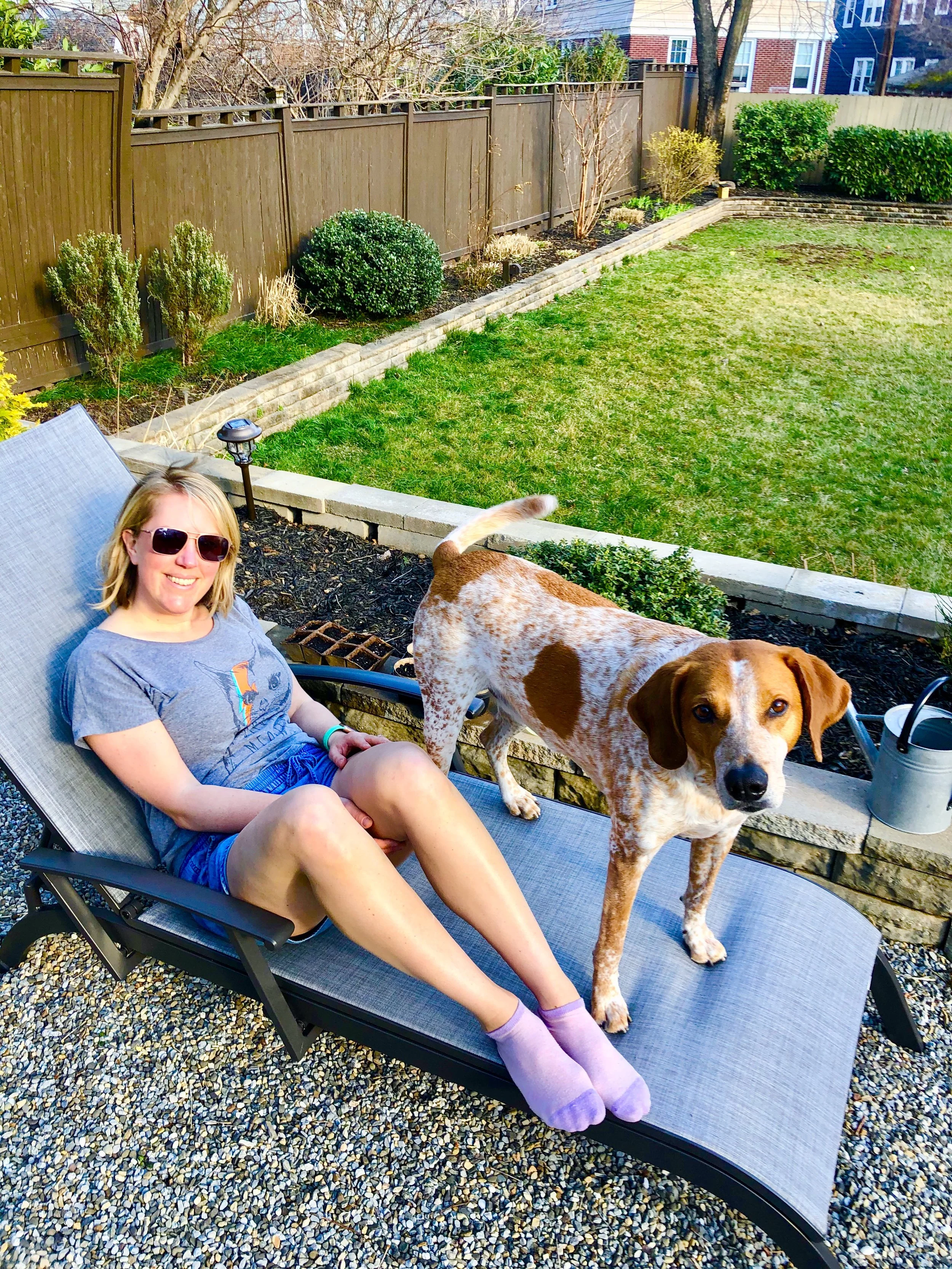 A smiling woman with blonde hair wearing sunglasses, a gray t-shirt, and purple socks, lounging on a sunbed with a brown and white dog standing beside her in a backyard with green grass, shrubs, and a brown wooden fence.