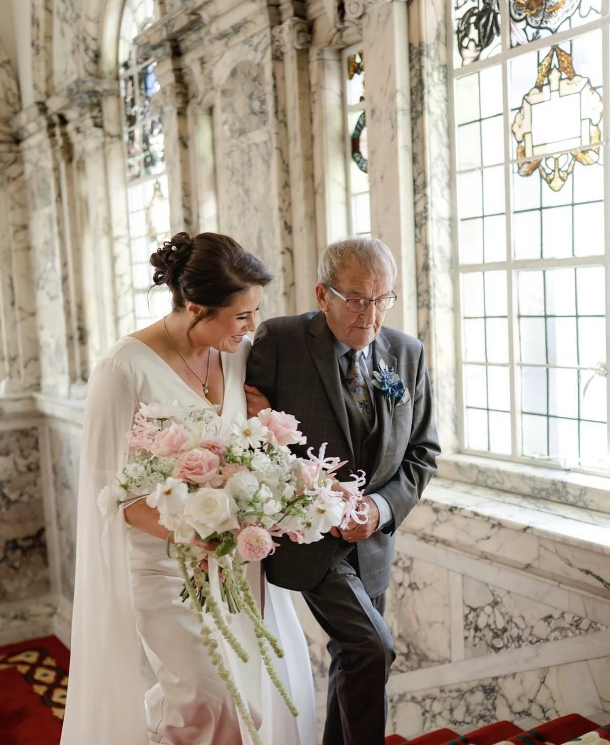 Extravagant wedding bouquet with dangly amaranthus, dahlia, roses and cosmos by Willow Heather Flowers NI Belfast City Hall Wedding