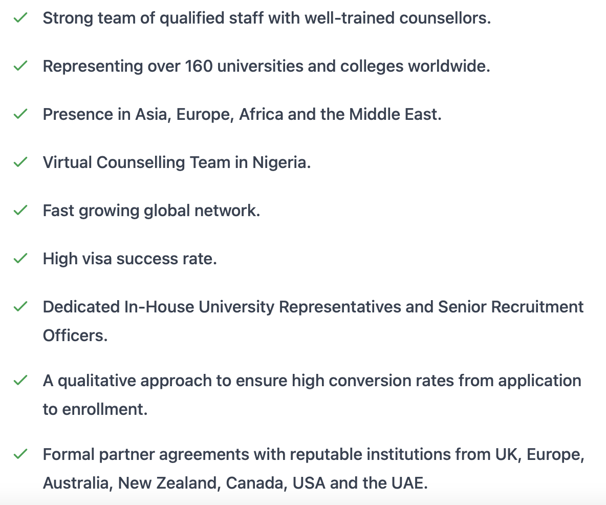 List of services and achievements for an international counselling and education organization, including global presence, virtual teams, and university partnerships.