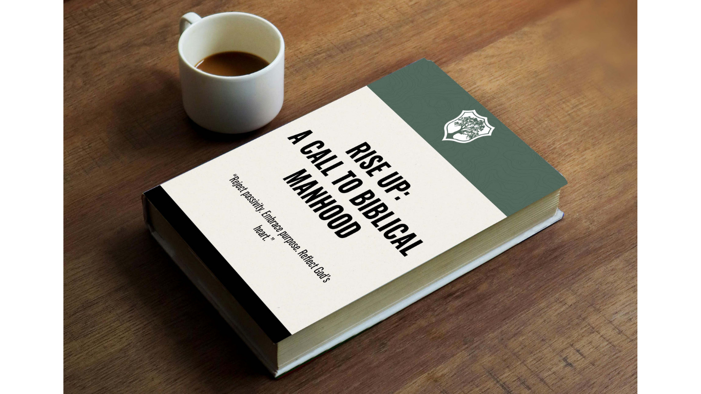 A book titled 'Rise Up: A Call to Biblical Manhood' resting on a wooden table next to a cup of coffee.