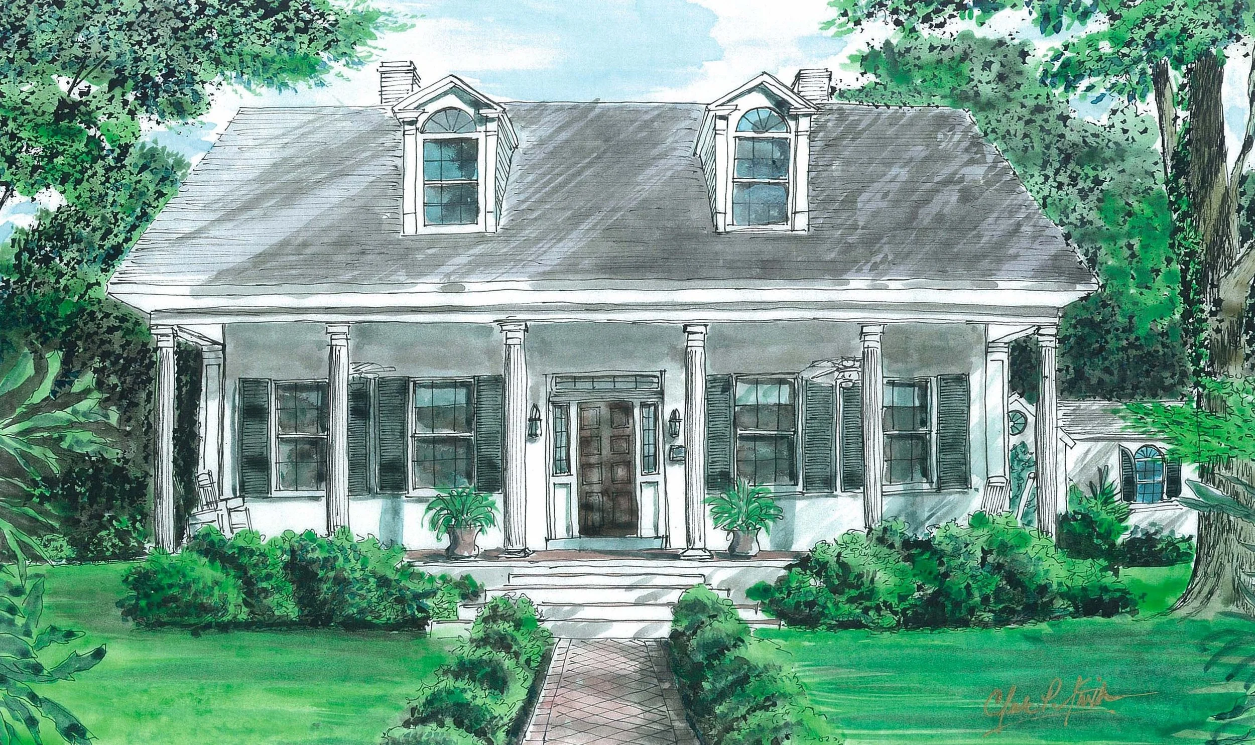 Watercolor illustration of a white two-story house with a dark front door, four windows with shutters, and tall dormer windows on the roof. The house has a front porch with columns, potted plants, and surrounding green landscaping including trees and bushes.