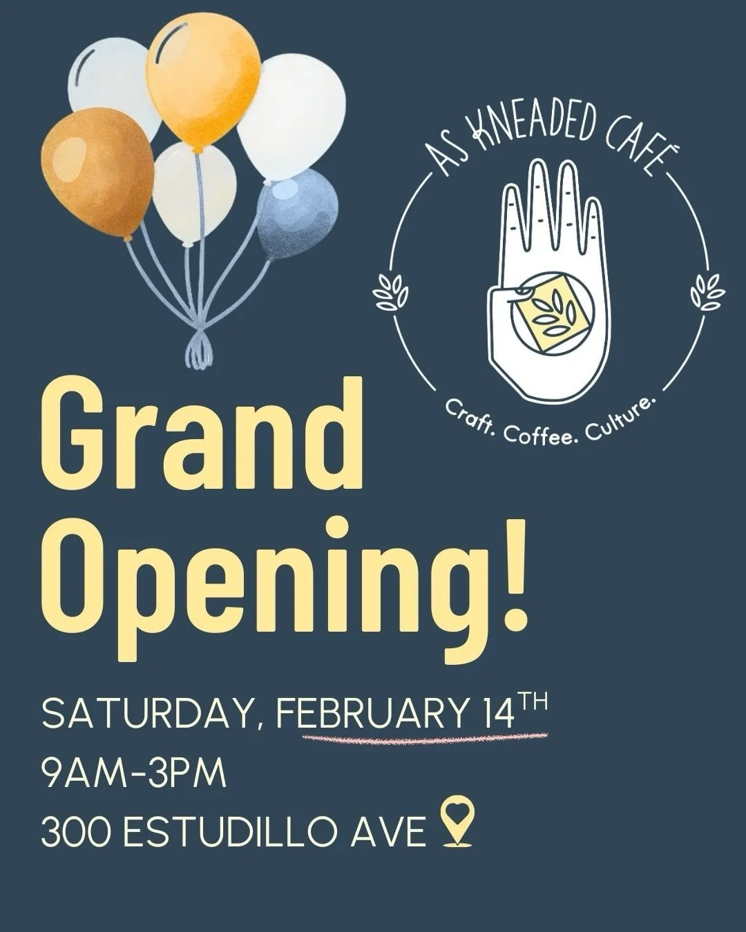 *Giveaway Closed*
IT&rsquo;S TIME! We are overjoyed to announce that As Kneaded Caf&eacute;&rsquo;s Grand Opening will be on Saturday February 14th, from 9am-3pm. 

Join us to enjoy music, a kid&rsquo;s art table, a raffle, and more. The first 25 peo