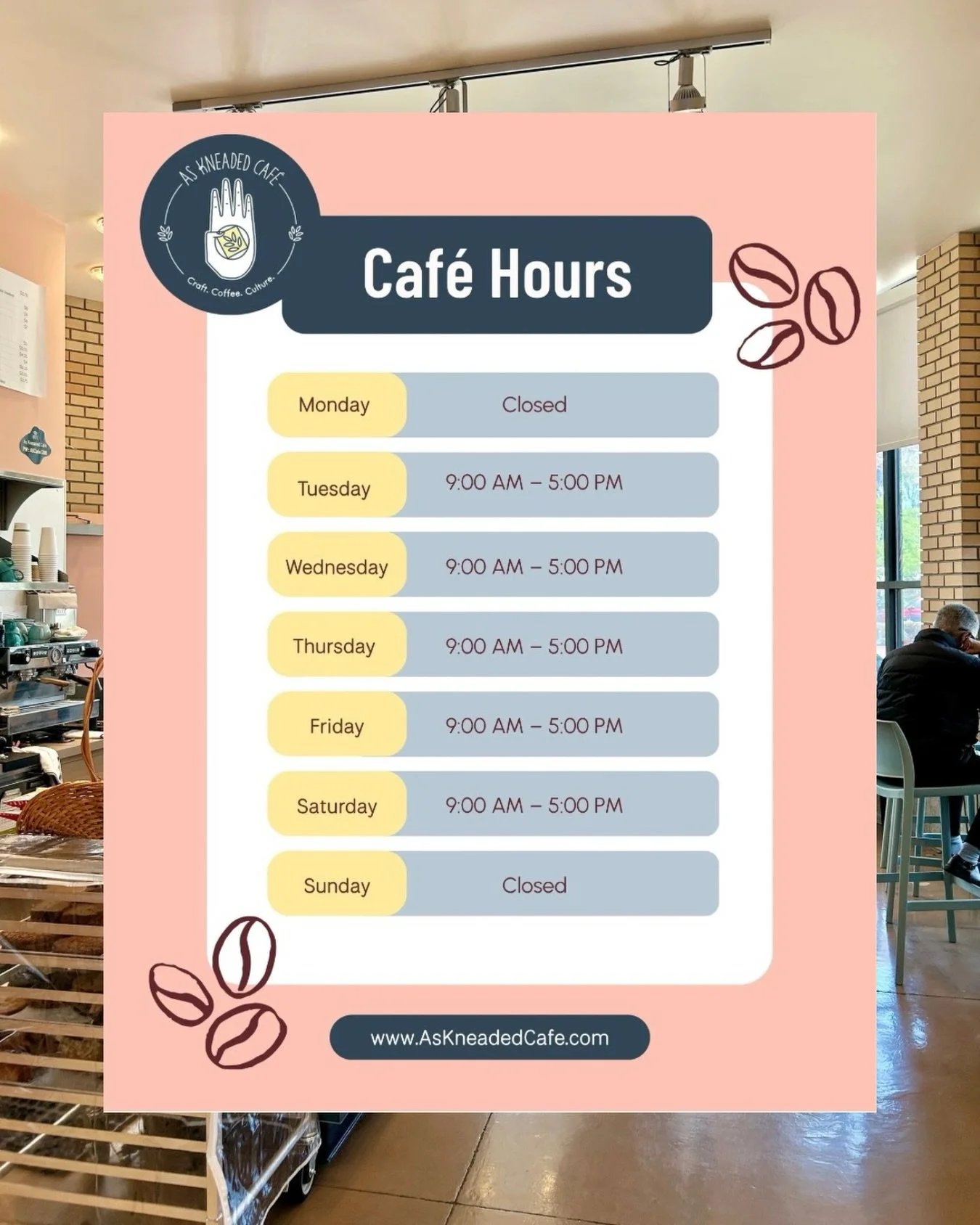Hi everyone 👋

As we shift seasons to fall, our days and hours of operation at the Caf&eacute; will change. Our new hours are: Tuesday through Saturday, 9 am - 5 pm. Since the library stopped being open on Mondays back in July due to state-wide budg