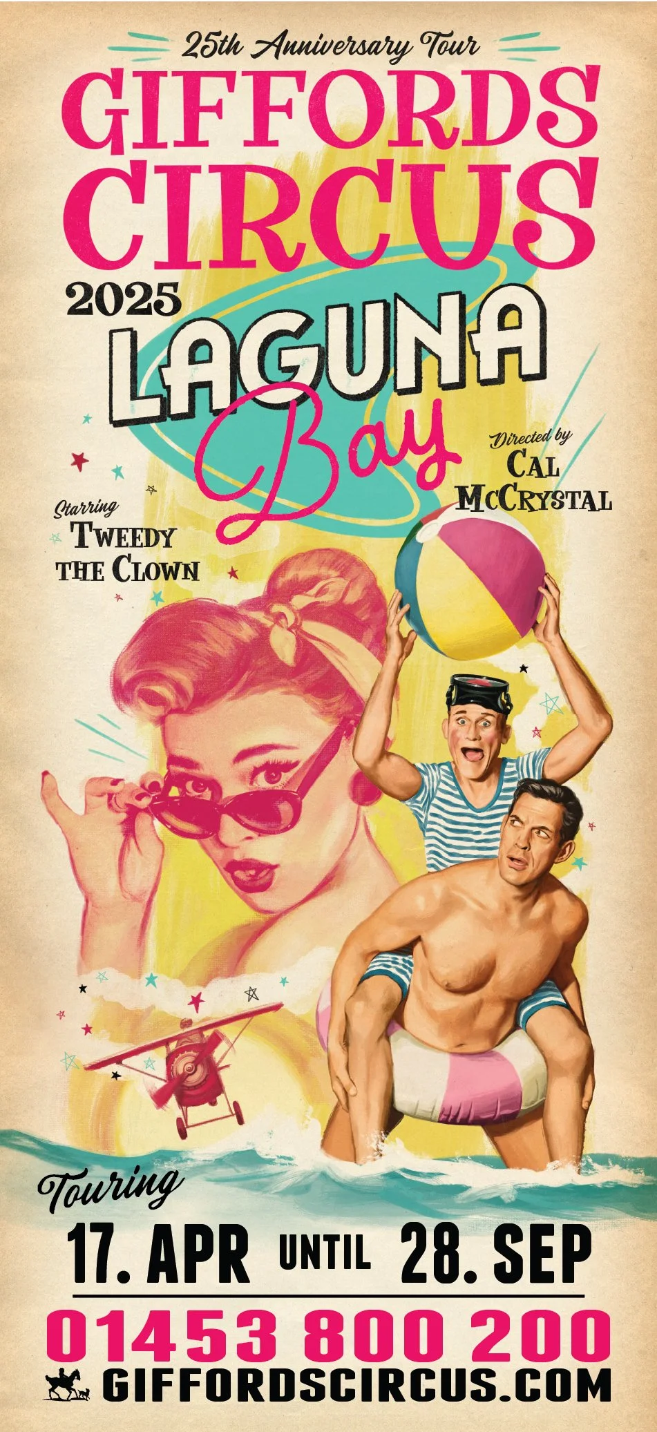 A colorful vintage-style poster advertising Giffords Circus 25th Anniversary Tour in 2025, featuring a woman with retro hairstyle and sunglasses, a man in striped swimwear holding a beach ball, a young man in striped underwear, a yellow and purple beach ball, a red airplane, and decorative elements like stars and clouds, with tour dates from April 17 to September 28 and contact information.