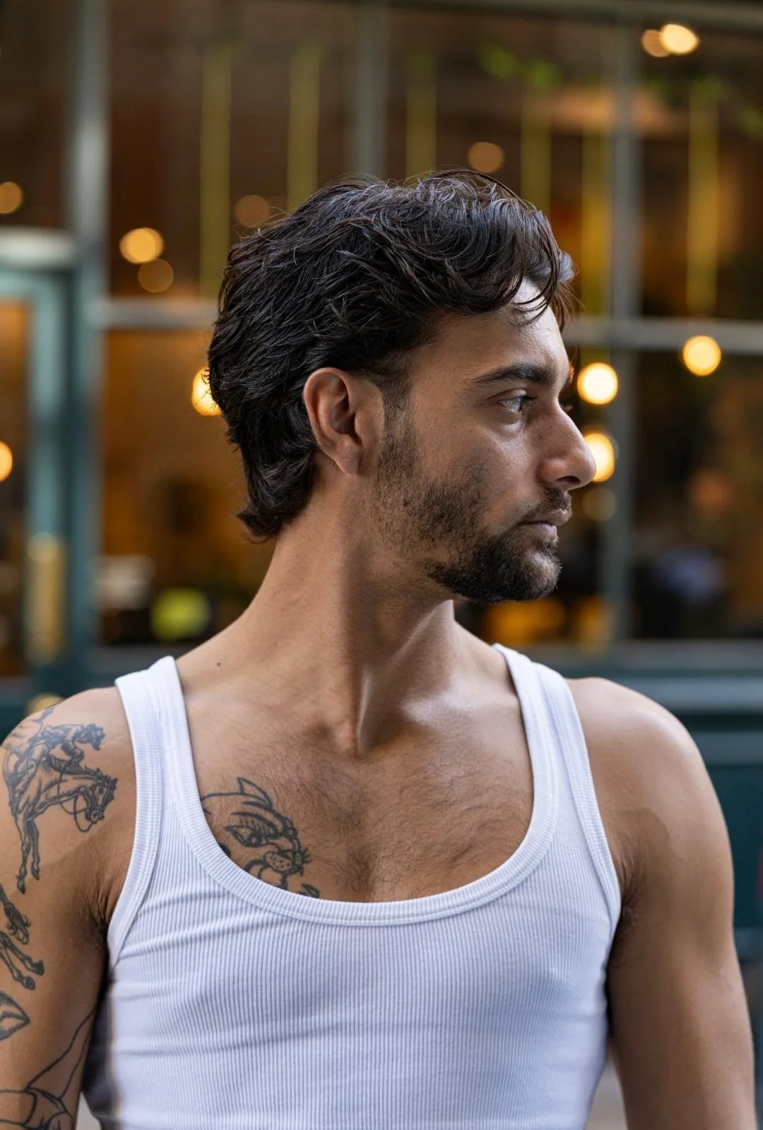 Profile of a man with dark hair, beard, and tattoos on his arm and chest, wearing a white tank top, looking to the right, with a blurred background of windows and warm lights.