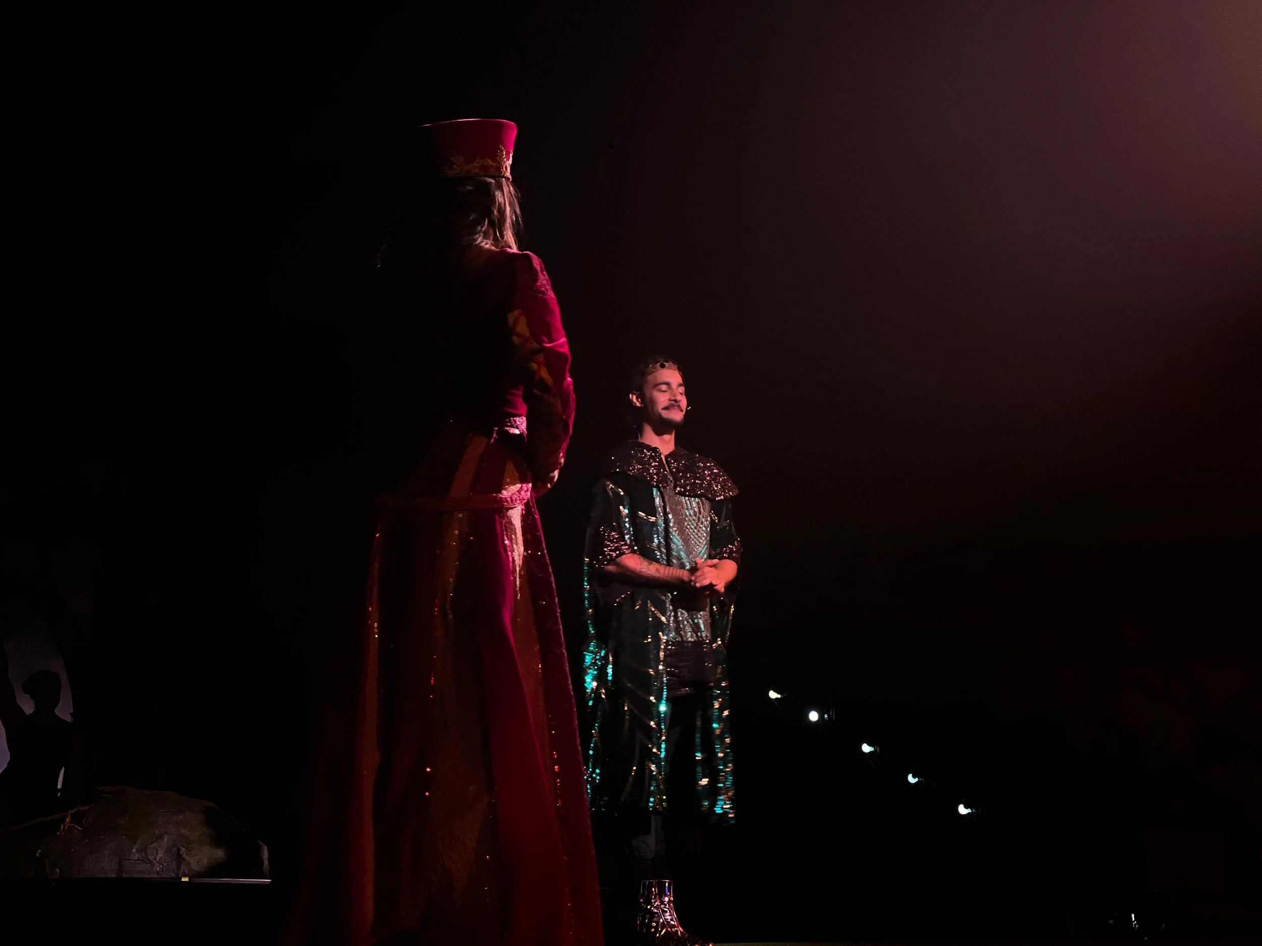 Two performers on stage in elaborate costumes, with one facing away and the other smiling, illuminated by stage lights in a dark setting.