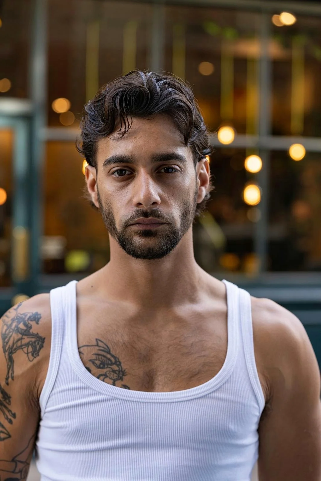 Close-up of a young man with dark hair and a beard, wearing a white tank top, standing outdoors with blurred lights and a building in the background.