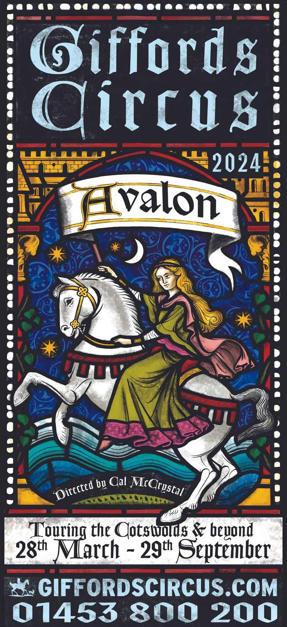 Poster for Gifford's Circus 2024 featuring Avalon with a woman riding a white horse, holding a lance, set against a night sky with stars, a crescent moon, and a castle silhouette. Text includes event dates, location, and website.