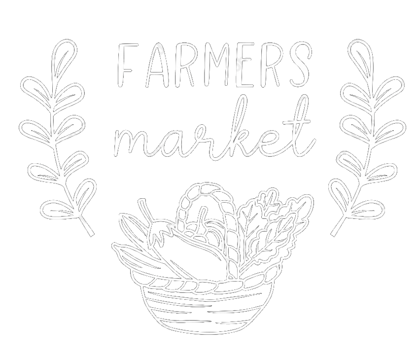 Black and white illustration of a farmers market sign with the words "FARMERS market" above a basket of vegetables and leafy plants on either side.