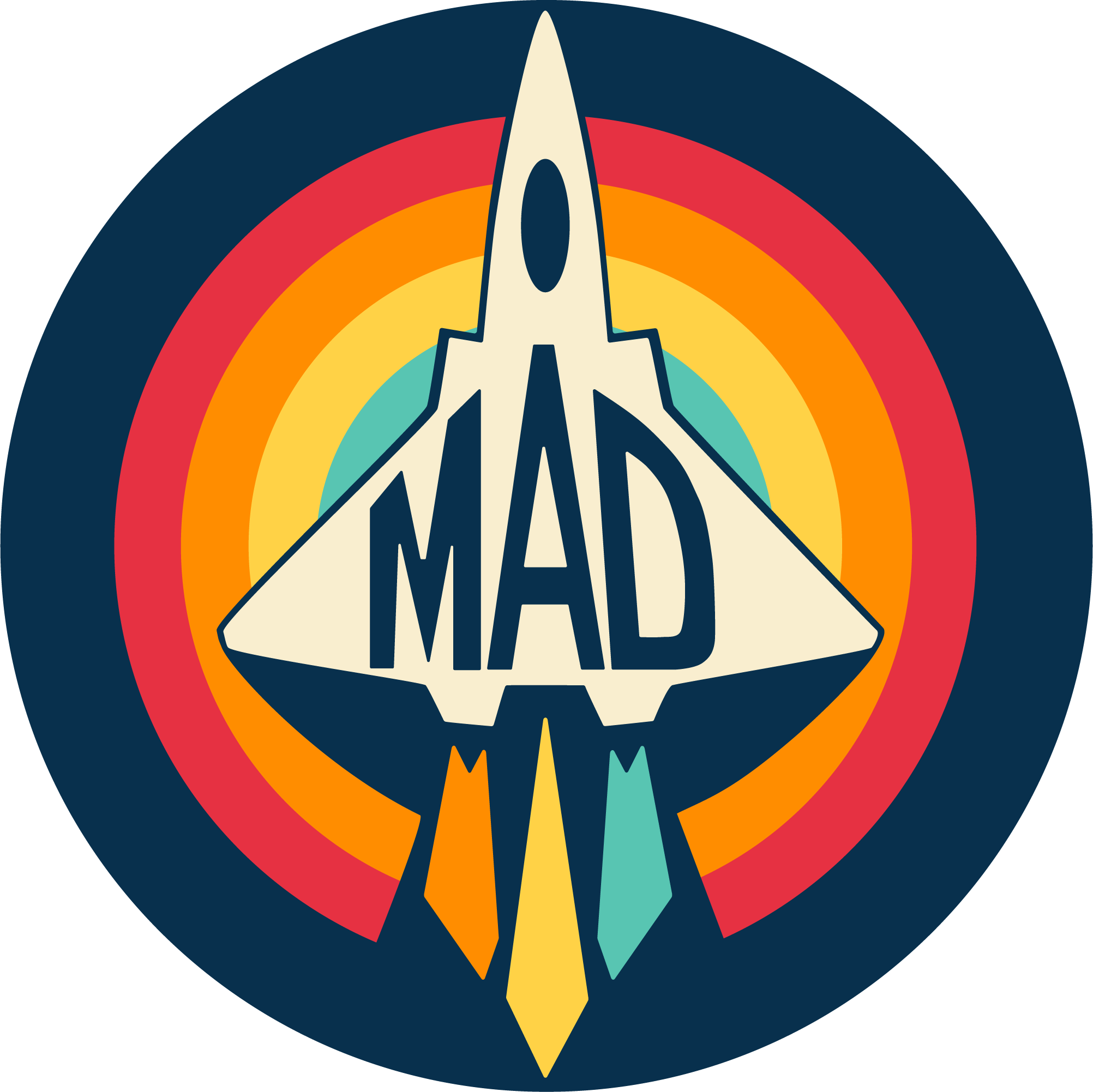 A stylized spaceship with the word "MAD" on it, surrounded by colorful concentric circles in red, orange, yellow, teal, and dark blue, resembling a retro-arcade or comic book design.