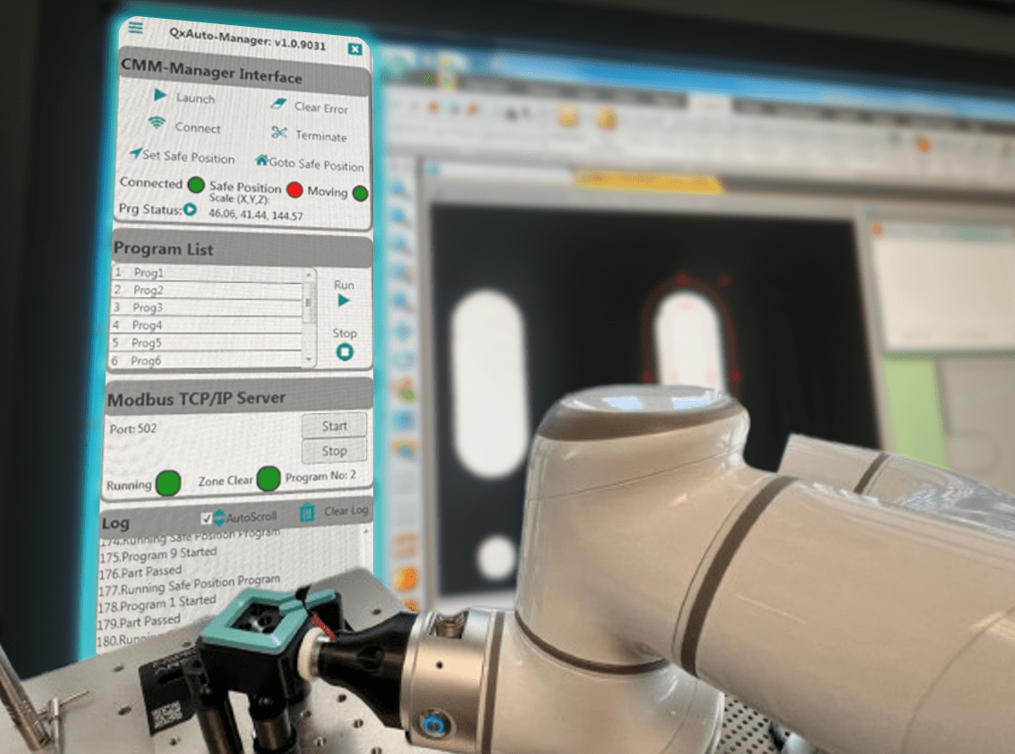 A robotic arm in front of a computer monitor displaying an interface for robot control software, with program lists, network status, and logs visible.