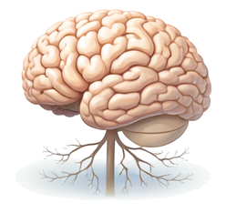 Illustration of a human brain with connected nerves and blood vessels