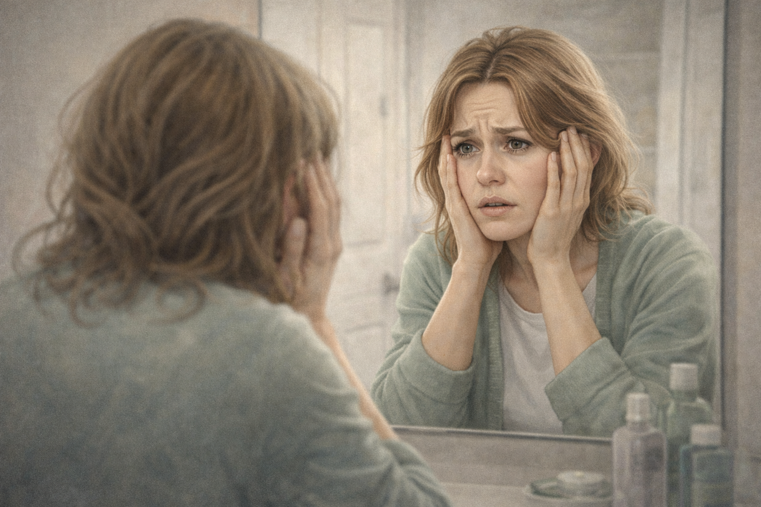 A woman looking at herself in the mirror with a worried or distressed expression, with her hands on her face, in a bathroom setting.