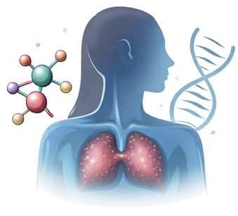 A digital illustration of a human figure with lungs, DNA strand, and molecular structure, representing biological and genetic concepts.