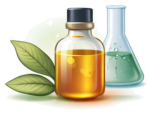 A small glass bottle filled with yellow liquid, two green leaves, and a laboratory beaker with green liquid.