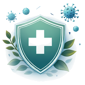 A medical shield with a white cross, surrounded by virus particles and green leaves, symbolizing health and protection.
