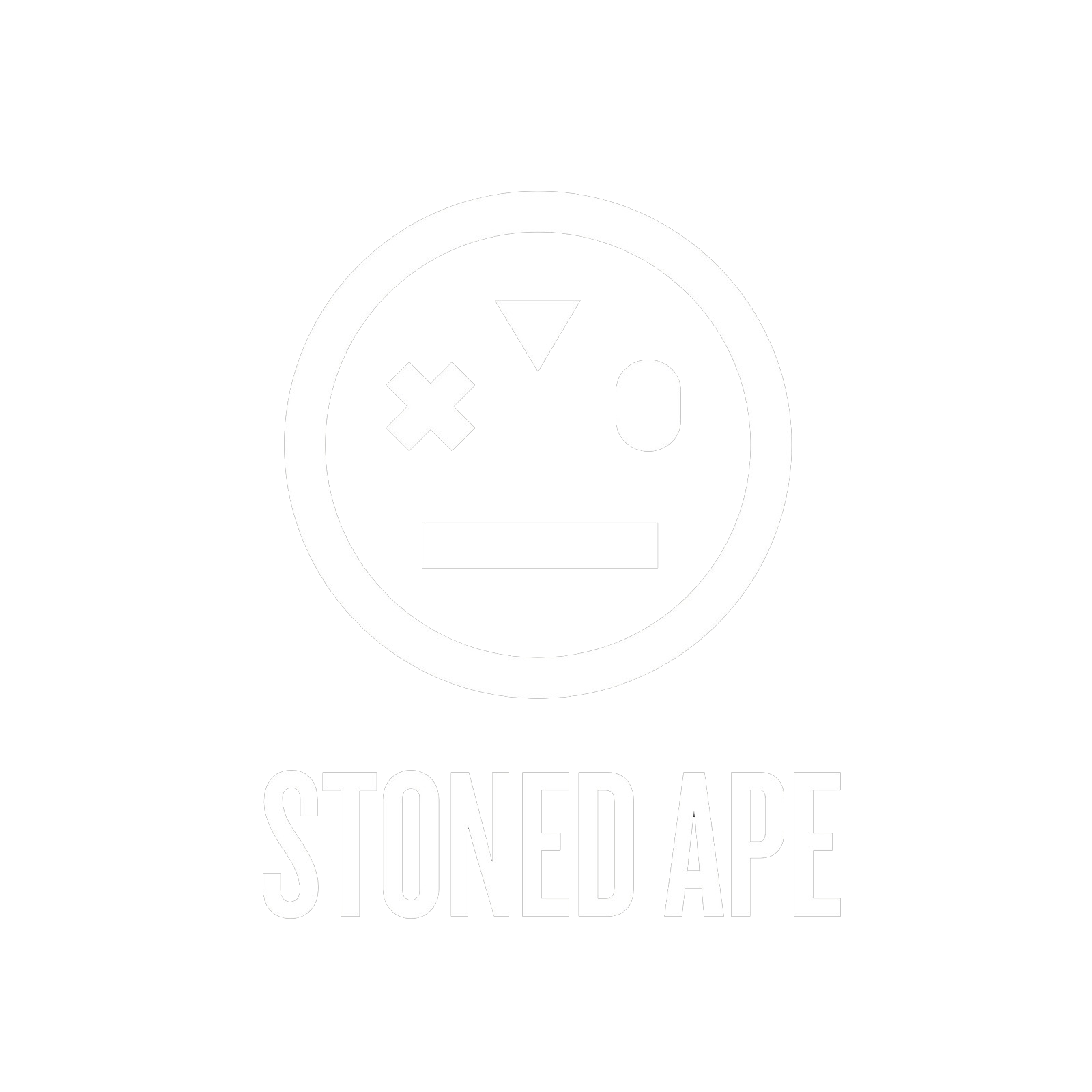 Black and white logo featuring a stylized, winking emoji face with one X eye, one open eye, and a small downward triangle nose, above the text 'STONED APE' in bold capital letters.
