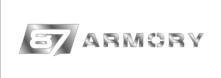 Logo for 87 Armory featuring a stylized number 87 and the word Armory with a crosshair symbol replacing the letter O.