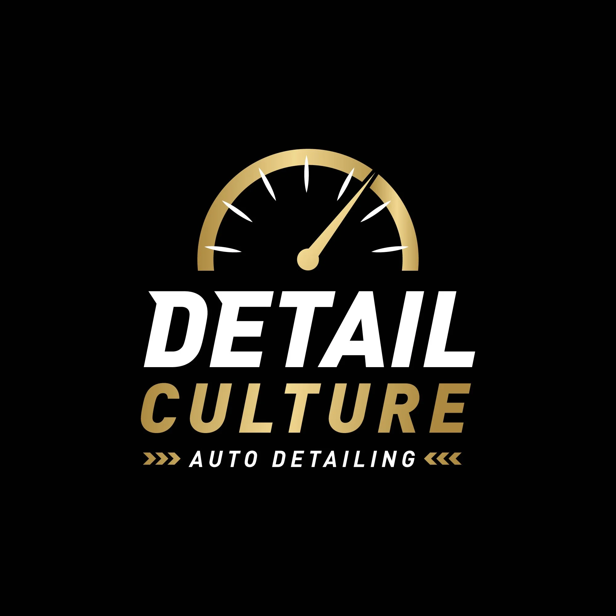 Black background with gold and white text that reads "Auto Detailing" and "Culture" and a gauge graphic at the top indicating a high level of quality or performance.
