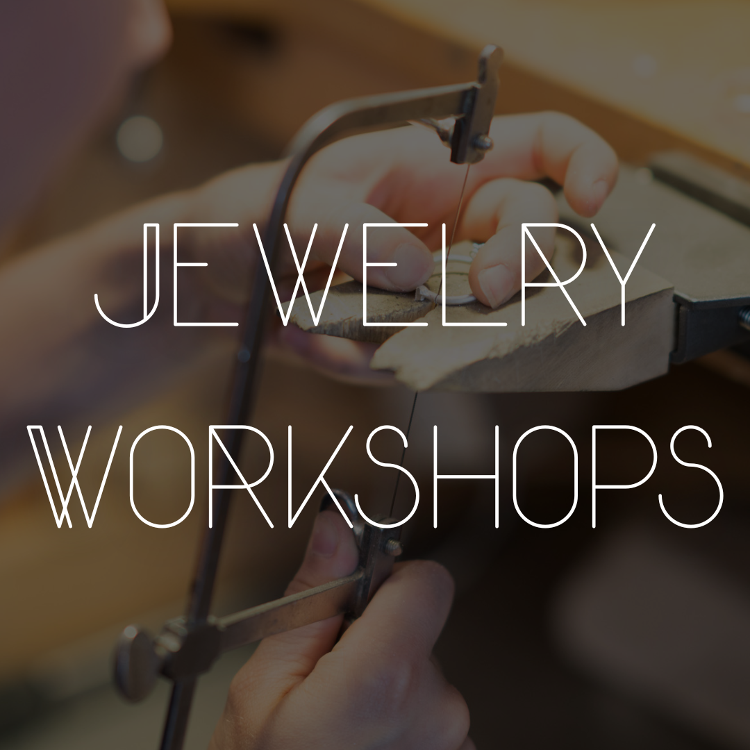 A person uses a jewelry saw to cut through a piece of silver. Text overlay reads jewelry workshops.