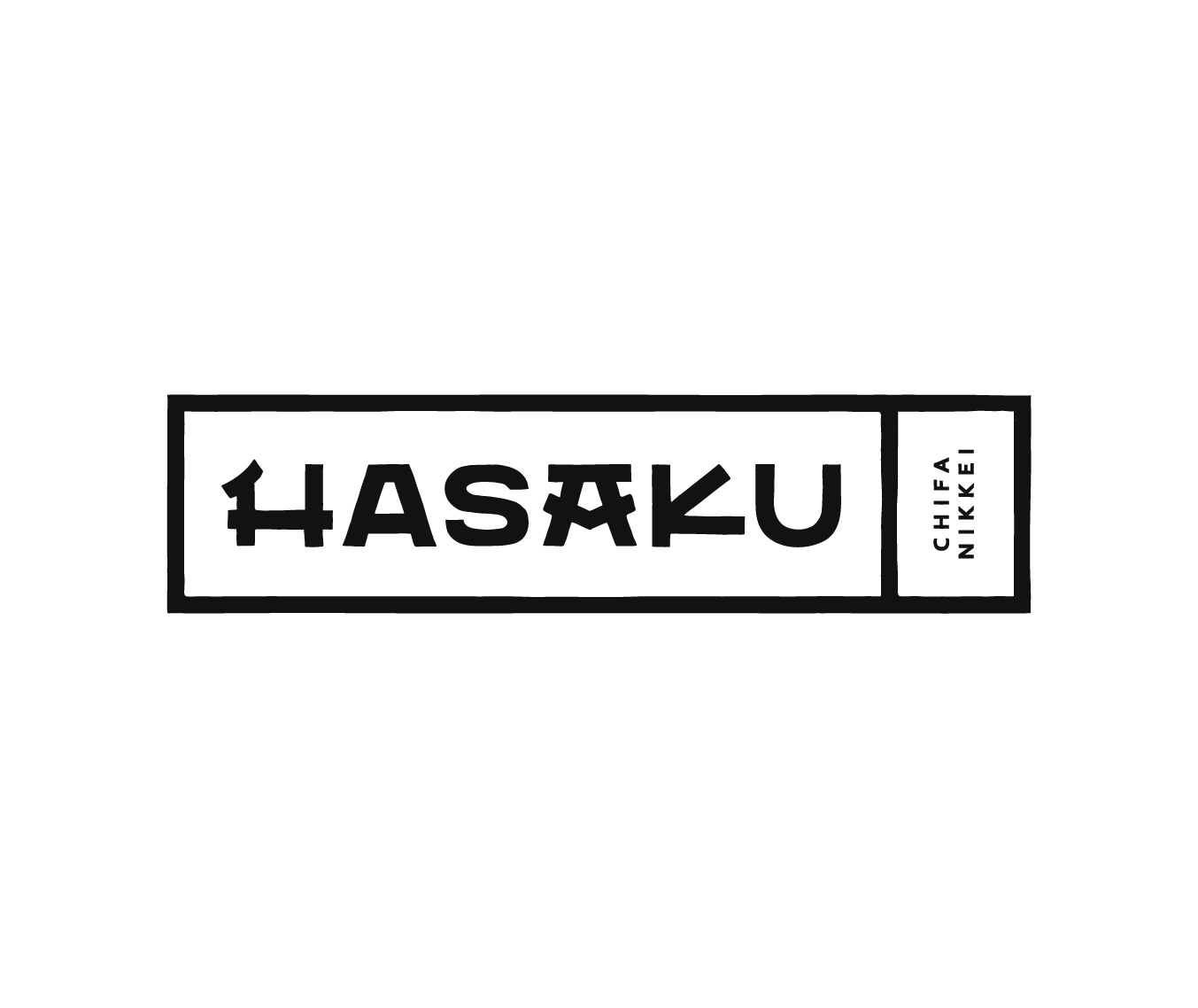 Logotipo en negro de la marca Hasaku, con letras en estilo japonés y la frase 'Chifa Nikke' en un recuadro a la derecha.