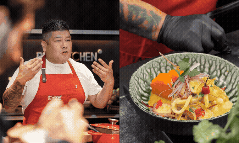 Chef explicando en un programa de cocina y un plato de ensalada con frutas y verduras