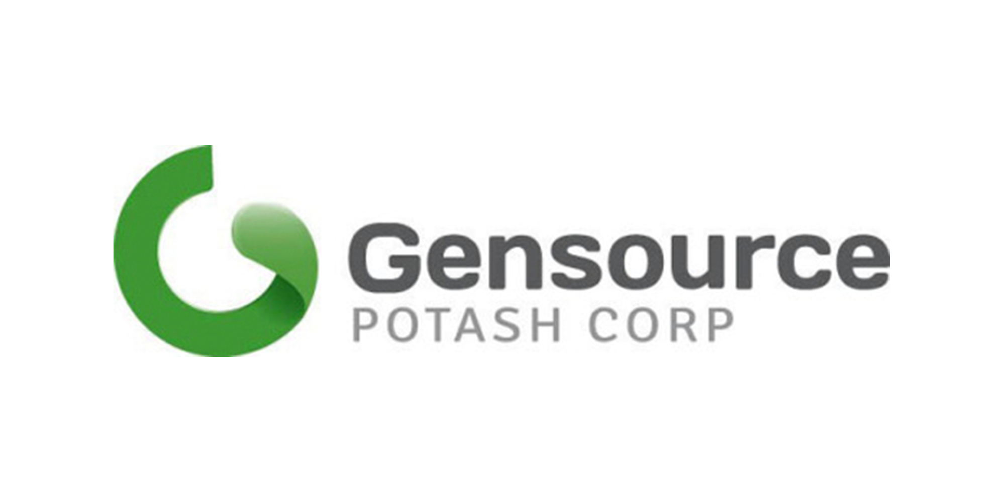 Gensource Potash Corp logo with a green circular icon resembling a leaf and a stylized letter G, along with the company name in gray and black text.