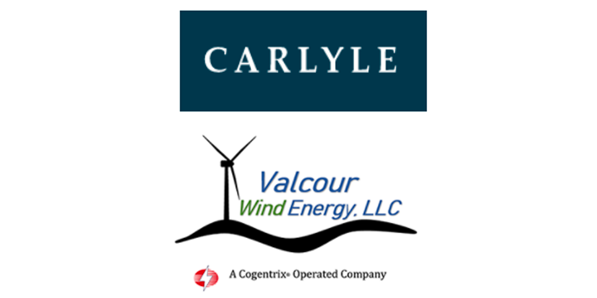 Logo of Carlyle at the top, followed by an illustration of a wind turbine, with the text 'Valcour Wind Energy LLC' in blue and green, and a red cogwheel with a lightning bolt and the text 'A Cogentrix Operated Company' at the bottom.