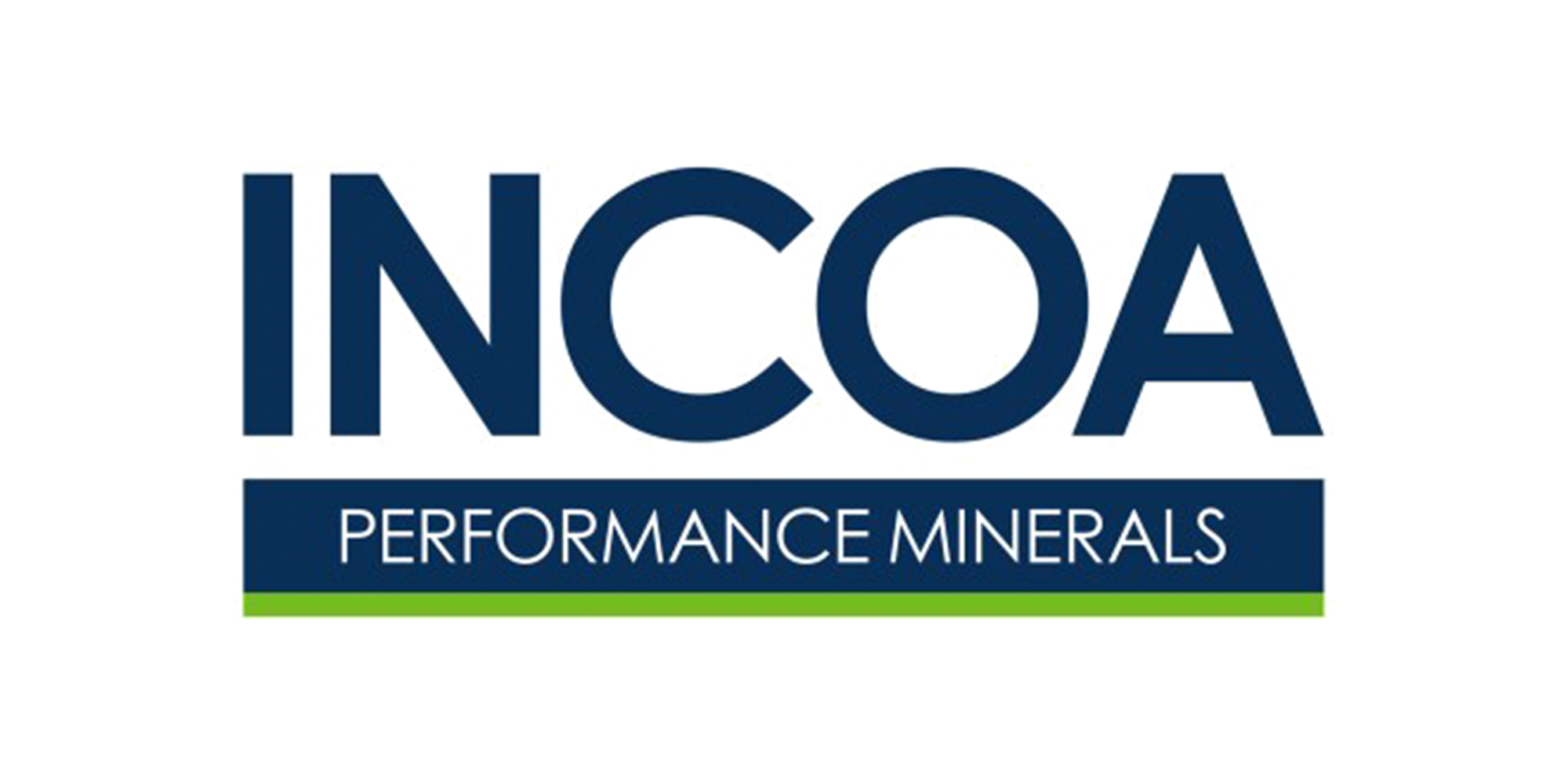 Logo for INCOA Performance Minerals featuring large, blue 3D text 'INCOA' above a blue rectangular banner with white text 'PERFORMANCE MINERALS' and a thin green stripe at the very bottom.