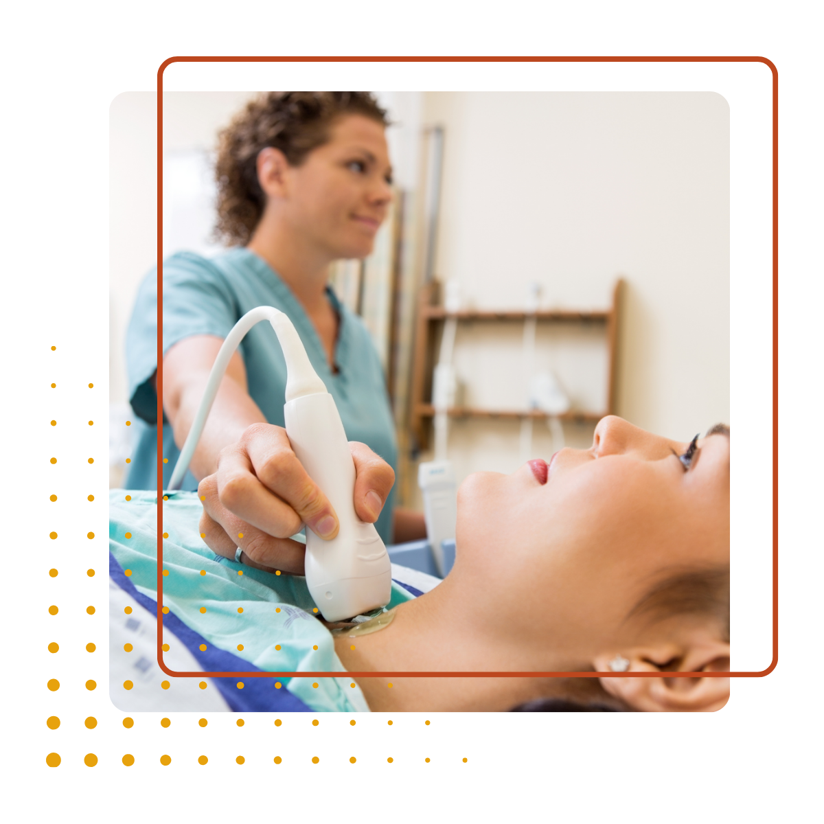 Medical professional performing an ultrasound on a woman lying on a bed in a clinic or hospital room.