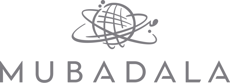 MUBADALA logo with a stylized globe surrounded by orbit lines above it.
