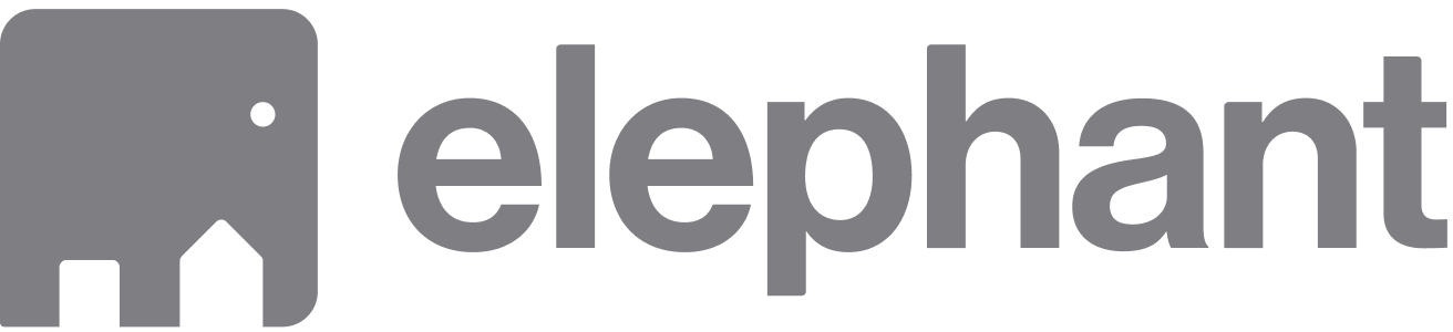 Logo with a gray elephant icon to the left of the gray text 'elephant' on a transparent background.