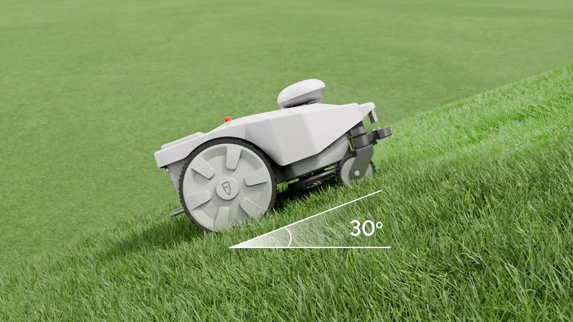 A robotic lawn mower on a grassy lawn cutting grass at a 30-degree angle.