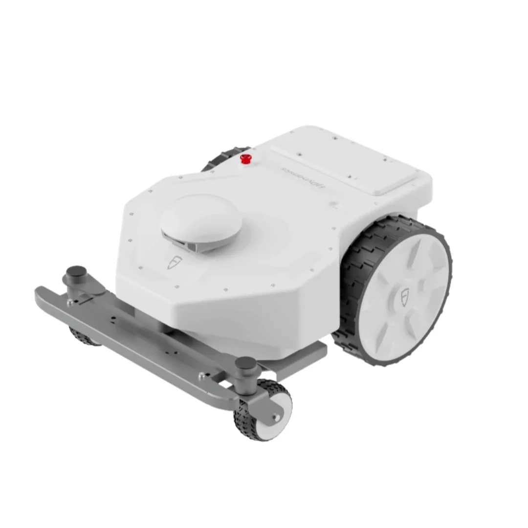 A white autonomous robotic lawn mower with black wheels and a red safety stop button.
